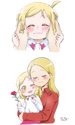  2girls aged_down blonde_hair blush carnation child closed_eyes commentary flower hand_on_another's_cheek hand_on_another's_face highres hug long_sleeves love_live! love_live!_sunshine!! mother's_day mother_and_child multiple_girls ohara_mari ohara_mari's_mother one_eye_closed parent_and_child red_shirt shirt signature simple_background ukakoro2132 upper_body white_shirt yellow_eyes 