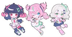  3girls angels_of_delusion aqua_hair aqua_streaks aria_(human)_(zenless_zone_zero) aria_(zenless_zone_zero) arm_warmers bag black_hair black_skirt blue_eyes blush bow chibi chibi_only closed_mouth colored_inner_hair commentary_request dress fur-trimmed_sleeves fur_trim geumxxi green_bow green_eyes green_skirt hair_bow hair_ornament hairclip heart heart_hair_ornament highres holding korean_commentary leg_warmers multicolored_hair multiple_girls multiple_hair_bows multiple_hairclips nangong_yu necktie one_eye_closed open_mouth pink_arm_warmers pink_bag pink_hair pink_leg_warmers quad_tails red_necktie shirt simple_background skirt star-shaped_pupils star_(symbol) streaked_hair striped_arm_warmers striped_leg_warmers sunna_(zenless_zone_zero) symbol-shaped_pupils v white_background white_dress white_shirt white_wings winged_bag wings zenless_zone_zero 