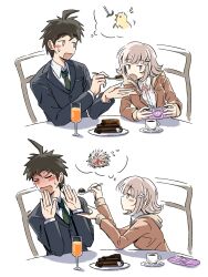  1boy 1girl brown_hair cake chair coffee collared_shirt commentary danganronpa_(series) danganronpa_3_(anime) feeding flipped_hair food hair_ornament handheld_game_console highres hinata_hajime holding holding_handheld_game_console hope's_peak_academy_school_uniform jacket juice kmnm_1403 long_sleeves medium_hair nanami_chiaki necktie orange_juice ribbon school_uniform shirt short_hair smile table untranslatable_commentary white_shirt 