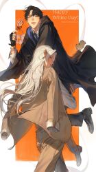  1boy 2boys absurdres becoming_a_magic_school_mage becoming_a_magic_school_masuit black_gloves black_hair cape commentary cowboy_shot dark_skin formal_clothes gloves halloween highres long_hair looking_at_viewer male_focus monchya_33 multiple_boys necktie pantsge short_hair suit untranslatable_commentary white_hair 