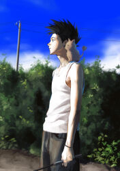  1boy animal animal_on_shoulder black_hair black_pants blue_sky brown_cat bush cat closed_mouth collarbone day fishing_rod from_side gon_freecss highres holding holding_fishing_rod hunter_x_hunter kimgyunyu looking_ahead male_focus outdoors pants power_lines short_hair sky solo standing tank_top utility_pole white_tank_top 