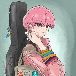  1girl alternate_hair_length_(shorter) alternate_hairstyle aqua_eyes bag bocchi_the_rock! bracelet brown_bag closed_mouth commentary ear_piercing earphones english_commentary eyelashes gotoh_hitori guitar_case highres holding holding_earphones instrument_case instrument_case_on_back jacket jewelry looking_at_viewer multiple_bracelets piercing pink_hair pink_jacket pixie_cut rinsachii short_hair solo split_mouth track_jacket very_short_hair 