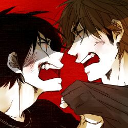  2boys adam's_apple black_hair brown_hair clothes_grab collarbone commentary_request daiya_no_ace face-to-face fighting grabbing_another's_shirt lowres male_focus miyuki_kazuya multiple_boys open_mouth red_background sawamura_eijun shirt short_hair simple_background t-shirt tan05 teeth 