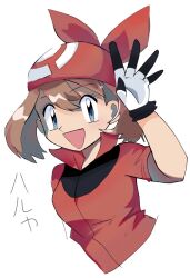  1girl bandana blue_eyes brown_hair commentary_request gloves hand_up highres krikriume looking_at_viewer may_(pokemon) medium_hair pokemon pokemon_ruby/sapphire/emerald red_bandana red_shirt shirt simple_background smile solo white_background white_gloves 