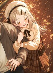 1boy 1girl absurdres alternate_costume arm_hug autumn bag beret black_ribbon blonde_hair brown_jacket brown_skirt collared_shirt colored_eyelashes commentary_request dappled_sunlight flipped_hair gakuen_idolmaster hair_ornament hairclip handbag hat highres idolmaster jacket long_hair long_skirt long_sleeves neck_ribbon open_mouth orange_eyes out_of_frame outdoors parallel_hairclips plaid_clothes plaid_skirt ribbon shinosawa_hiro shirt shubashuba skirt smile solo_focus sunlight white_hat white_shirt 