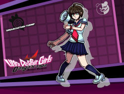  1girl ahoge artist_name blue_sailor_collar blue_skirt blue_socks bracelet brown_hair closed_mouth collared_shirt copyright_logo copyright_name danganronpa_(series) danganronpa_another_episode:_ultra_despair_girls dreamcastian-turnip drop_shadow full_body green_eyes grid_background holding holding_megaphone jewelry kneehighs legs_apart logo megaphone monokuma naegi_komaru necktie outline pixel_art purple_background red_necktie sailor_collar shirt shoes short_hair short_sleeves skirt socks solo standing white_outline white_shirt white_shoes 