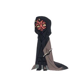  1boy alien black_cloak black_hood black_skin brown_eyes chibi cloak colored_skin commentary_request darth_maul full_body hood hooded_cloak horns multicolored_skin red_skin ryuon_00 simple_background solo star_wars two-tone_skin white_background zabrak 