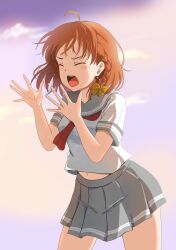  1girl absurdres ahoge braid closed_eyes commentary happy_birthday highres love_live! love_live!_sunshine!! nonaka_kokoro orange_hair ribbon school_uniform short_hair shouting solo sunset takami_chika tears uranohoshi_school_uniform yellow_ribbon 