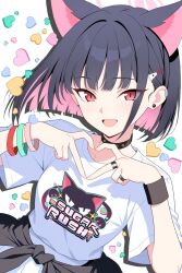  1girl animal_ears black_choker black_hair blue_archive cat_ears choker clothes_around_waist collarbone commentary_request hair_intakes hair_ornament hairclip halo heart heart_hands highres jewelry kazu_sasuki kazusa_(band)_(blue_archive) kazusa_(blue_archive) looking_at_viewer multicolored_hair official_alternate_costume open_mouth piercing pink_hair pink_halo red_eyes ring shirt short_sleeves sidelocks smile solo two-tone_hair white_background white_shirt wristband 