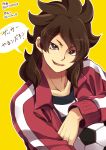  1boy ball brown_hair bust fudou_akio inazuma_eleven_(series) inazuma_eleven_go long_hair looking_at_viewer male_focus open_mouth saku_anna simple_background soccer_ball solo telstar translation_request twitter_username yellow_background 