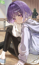  2girls absurdres artist_name black_leggings commentary_request gakuen_idolmaster grey_jacket hataya_misuzu highres idolmaster indoors jacket knees_up leggings looking_at_viewer looking_to_the_side mole mole_under_mouth multiple_girls purple_hair short_hair shorts sitting solo_focus sweat tadano1129 tsukimura_temari violet_eyes white_shorts 