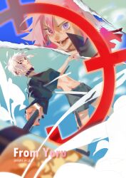  2girls absurdres asymmetrical_sleeves bai_chong_(false_memory) choker crop_top crosshair dated earrings false_memory halo hammer highres holding holding_hammer jacket jewelry longzhongfa looking_at_another multiple_girls pink_hair qian_jun_(false_memory) shorts steam thick_eyebrows violet_eyes white_hair 
