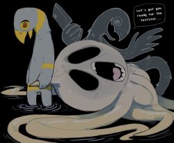  2others aqua_feathers beak black_background commentary corpse creepy_eyes death deltarune dustifang english_commentary english_text ghost highres holding holding_knife horror_(theme) knife multiple_others normal_npc_(deltarune) octopus onionsan red_pupils speech_bubble utdr_(toby_fox) wading 