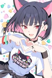  1girl animal_ears black_choker black_hair blue_archive cat_ears choker clothes_around_waist collarbone commentary_request hair_intakes hair_ornament hairclip halo heart heart_hands highres jewelry kazu_sasuki kazusa_(band)_(blue_archive) kazusa_(blue_archive) looking_at_viewer multicolored_hair official_alternate_costume open_mouth piercing pink_hair pink_halo red_eyes ring shirt short_sleeves sidelocks smile solo two-tone_hair white_background white_shirt wristband 