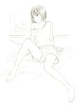  1girl barefoot monochrome original short_hair shorts sketch solo traditional_media yoshitomi_akihito 