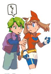  1boy 1girl :o bandana bike_shorts blue_eyes blue_shirt brown_hair commentary_request corrupted_twitter_file drew_(pokemon) fanny_pack gloves grabbing_another's_arm green_eyes green_hair hair_between_eyes highres jacket long_sleeves looking_at_another may_(pokemon) open_clothes open_jacket open_mouth pants pokemon pokemon_(anime) pokemon_the_series:_ruby_and_sapphire purple_jacket red_bandana red_shirt shirt short_hair short_sleeves shorts speech_bubble sweatdrop translation_request twitter_username umebosibakari2 white_background white_gloves 