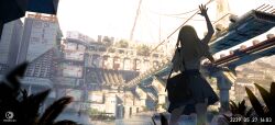  1girl absurdres architecture arm_up artist_logo artist_name backlighting bag black_bag blonde_hair blue_skirt boat bridge building city cowboy_shot crane_(machine) day fake_date fern from_behind highres industrial logo long_hair original outdoors outstretched_hand people pleated_skirt reisen13 scenery shoulder_bag skirt sky standing water watercraft waving white_sky wide_shot 
