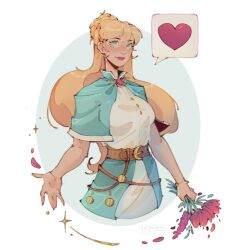  1girl absurdres aqua_capelet aqua_eyes aqua_overskirt bare_arms belt belt_buckle blonde_hair braid breasts brooch brown_belt buckle capelet celine_(fields_of_mistria) commentary cowboy_shot crown_braid english_commentary eyelashes fields_of_mistria flower gem heart highres holding holding_flower jewelry jupiemm long_hair looking_at_viewer open_hand overskirt red_gem shirt simple_background skirt small_breasts speech_bubble very_long_hair white_shirt white_skirt 
