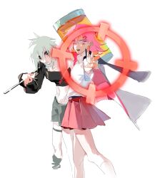  2girls absurdres asymmetrical_sleeves bai_chong_(false_memory) chinese_commentary commentary_request crop_top crosshair false_memory finger_gun hair_ornament hairclip hammer highres holding holding_hammer jacket jacket_on_shoulders jewelry longzhongfa looking_at_viewer multiple_girls necklace pink_hair pleated_skirt pointing qian_jun_(false_memory) shirt shorts simple_background skirt thick_eyebrows toned toned_female white_background white_hair white_shirt 