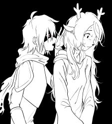  1girl 1other antlers armor commentary deer_antlers deer_girl deltarune furry furry_female greyscale highres hooded_robe horns korean_commentary kris_(dark_world)_(deltarune) kris_(deltarune) long_hair monochrome namcheolcheol noelle_holiday noelle_holiday_(dark_world) open_mouth partially_shaded_face robe spot_color sweat utdr_(toby_fox) 