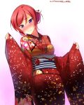  1girl alternate_hairstyle blush dated highres japanese_clothes kimono looking_at_viewer love_live!_school_idol_project nishikino_maki redhead short_hair smile solo violet_eyes wide_sleeves yu-ta 