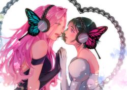  2girls absurdres alien_stage bibi_mei54510 black_dress black_gloves black_hair blue_wings bob_cut butterfly_wings commentary dress elbow_gloves gloves heart heart_in_eye highres insect_wings long_hair magnet_(vocaloid) mizi_(alien_stage) multiple_girls pink_hair pink_wings short_hair signature sua_(alien_stage) symbol_in_eye untranslatable_commentary violet_eyes white_dress white_gloves wings yellow_eyes yuri 