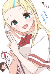  2girls birthday blonde_hair blue_eyes blush_stickers bow bowtie box brown_hair closed_eyes collared_shirt commentary_request gift gift_box hair_ornament hairclip highres hitori_bocchi hitoribocchi_no_marumaru_seikatsu holding holding_gift katsuwo_(cr66g) multiple_girls official_artist_extra open_mouth red_bow red_bowtie school_uniform shirt short_sleeves simple_background sotoka_rakita translation_request white_background white_shirt 