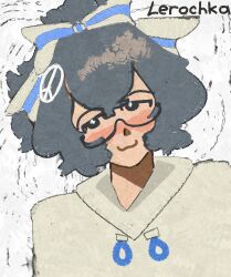  1girl :3 black_eyes blush character_name flag_ribbon fluffy_hair glasses hair_between_eyes hair_ornament hair_ribbon highres hood hoodie lerochka looking_at_viewer medium_hair narrowed_eyes nose_blush original peace_symbol ribbon russian_anti-war_flag russo-ukrainian_war smile smug solo sonnenschein_e1 white_hoodie 