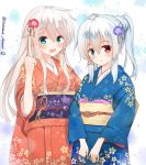  2girls anceril_sacred blue_eyes ciel_sacred flower green_eyes hair_flower hair_ornament heterochromia japanese_clothes kimono long_hair looking_at_viewer multiple_girls open_mouth original payot red_eyes snowflakes surume_aburi twintails twitter_username white_hair 