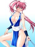  1girl alternate_color anzu_(onelelee) bare_shoulders blue_eyes breasts cleavage cosplay fatal_fury gradient gradient_background highres large_breasts long_hair lyrical_nanoha mahou_shoujo_lyrical_nanoha mahou_shoujo_lyrical_nanoha_a&#039;s pink_background pink_hair ponytail shiranui_mai shiranui_mai_(cosplay) signum solo sweatdrop very_long_hair 