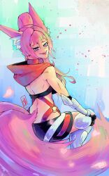  1girl animal_ears back black_gloves black_shorts blue_background boutsoftheblind fox_ears fox_girl fox_tail gloves hair_between_eyes highres hood indie_virtual_youtuber long_hair looking_at_viewer looking_back mechanical_legs meicha_(vtuber) open_mouth pink_hair ponytail red_hood shorts sitting solo tail violet_eyes virtual_youtuber 
