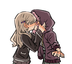  2girls amaori_renako blush brown_hair closed_eyes clothes_grab from_side haojbleng highres hood hood_grab hood_up kiss long_hair long_sleeves multiple_girls pink_eyes pink_hair sena_ajisai short_hair simple_background upper_body watashi_ga_koibito_ni_nareru_wake_naijan_murimuri! white_background yuri 