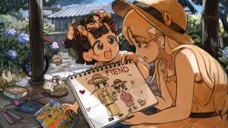  2girls :d absurdres architecture bicycle bird black_hair blonde_hair blue_eyes book chicken child's_drawing diva_(hyxpk) drawing_(object) dress duck east_asian_architecture english_commentary exuviae grey_eyes hat highres long_hair multiple_girls original pencil shirt short_hair smile white_shirt yellow_dress 
