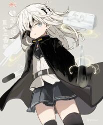  1girl bandage_over_one_eye black_cloak black_sailor_collar black_skirt black_thighhighs blue_eyes cloak commentary_request grey_background hair_between_eyes hair_over_one_eye hibiki_(kancolle) jacket kantai_collection long_hair long_sleeves looking_at_viewer rigging rising_sun_flag sailor_collar ship_turret simple_background skirt solo sunburst thigh-highs torpedo translation_request twitter_username white_hair zizi_(zizioxo) 