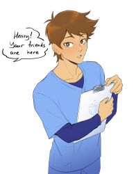  1boy absurdres alt_text alternate_costume antenna_hair bright_pupils brown_eyes brown_hair clipboard collarbone commentary english_commentary english_text hero_(faraway)_(omori) hero_(omori) highres holding holding_clipboard long_sleeves looking_at_viewer male_focus omori parted_lips ryuichirouart short_hair simple_background solo speech_bubble upper_body white_background white_pupils 