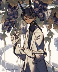  1boy artist_name braid braided_ponytail clipboard closed_mouth collared_shirt commentary_request dark-skinned_male dark_skin experiment food fruit gloves grapes hair_between_eyes holding holding_clipboard holding_syringe horns instagram_username intravenous_stand jimini_shijimi lab_coat light_smile long_hair long_sleeves looking_at_viewer original purple_hair purple_shirt shirt skeb_username solo syringe twitter_username white_gloves wide_sleeves 