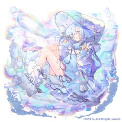  1girl blowing_bubbles blue_dress blue_eyes blue_hair blue_ribbon blue_trim blunt_bangs bottle bubble bubble_hair_ornament bubble_pipe commentary_request copyright_notice dress earrings frilled_wrist_cuffs frills full_body gihuta_hiroshi glitch gyakuten_othellonia hair_over_one_eye hairband holding holding_bottle hood hood_up hooded_jacket iridescent_clothes jacket jewelry knees_up long_sleeves looking_ahead loose_socks medium_hair neck_ribbon official_art open_clothes open_jacket othellonia puffy_long_sleeves puffy_sleeves ribbon see-through_clothes see-through_jacket see-through_sleeves shoe_soles short_dress short_shorts shorts shorts_under_dress simple_background sleeves_past_wrists slippers soap_bubbles socks solo turtleneck turtleneck_dress white_background white_shorts white_slippers white_socks white_wrist_cuffs wrist_cuffs 