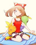  1girl blue_eyes brown_hair full_body gulpin hair_ribbon haruka_(pokemon) haruka_(pokemon)_(remake) kurochiroko one_eye_closed pokemon pokemon_(creature) pokemon_(game) pokemon_oras ribbon sableye shoes sitting sneakers tank_top torchic two_side_up wariza 