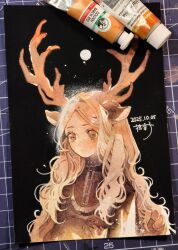  1girl absurdres antlers art_tools_in_frame black_background blonde_hair brown_eyes brown_shirt closed_mouth commentary curly_hair dated deer_antlers deer_girl hair_intakes hair_over_shoulder highres horizontal_pupils horns inktober komako_(km7ko) long_hair original paint_tube painting_(medium) parted_bangs photo_(medium) shirt signature simple_background solo traditional_media upper_body watercolor_(medium) 