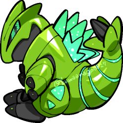  black_sclera chibi chibi_only closed_mouth colored_sclera commentary_request english_commentary full_body green_eyes iron_thorns kawaanago lowres mixed-language_commentary no_humans non-humanoid_robot pixel_eyes pokemon pokemon_(creature) pokemon_focus robot solo spines transparent_background twitter_username v-shaped_eyes 
