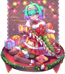  1girl aqua_hair blush box braid breasts brown_gloves brown_pantyhose cloak closed_mouth commentary_request dress earrings fate/grand_order fate_(series) fur_collar fur_trim gift gift_box gloves green_cloak highres jewelry kibinago_(kibinago614) locusta_(fate) long_sleeves looking_at_viewer low_twin_braids multicolored_hair mushroom nero_claudius_(fate) off_shoulder pantyhose purple_hair red_dress red_shoes shoes short_hair small_breasts smile solo sparkle stuffed_toy twin_braids two-tone_hair violet_eyes 