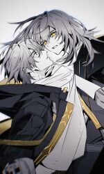 1boy 1girl angry artist_name belt black_eyes black_jacket black_skirt caelus_(honkai:_star_rail) chromatic_aberration clothes_grab colored_skin commentary crying crying_with_eyes_open dual_persona empty_eyes english_commentary eyelashes floating_hair from_side grey_belt grey_hair hair_between_eyes hand_up highres honkai:_star_rail honkai_(series) hood hooded_jacket jacket lapels long_hair long_sleeves looking_at_another open_clothes open_jacket open_mouth sad shirt short_hair sidelocks simple_background skirt stelle_(honkai:_star_rail) sueque16 t-shirt tears teeth tongue trailblazer_(honkai:_star_rail) two-sided_fabric two-sided_jacket v-shaped_eyebrows white_background white_shirt white_skin yellow_eyes yellow_jacket yellow_pupils 