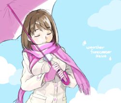  1girl bad_drawr_id bad_id blue_sky brown_hair buttons closed_eyes closed_mouth clouds coat gloves holding holding_umbrella long_sleeves medium_hair mole mole_under_eye original pink_gloves pink_scarf pink_umbrella pom_pom_(clothes) scarf sky smile solo umbrella upper_body white_coat winter_clothes yoplait 