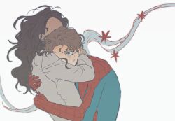  absurdres arm_around_another's_back arm_around_neck black_hair bodysuit brown_hair faceless faceless_female hetero highres hug long_hair long_sleeves marvel michelle_"mj"_jones multicolored_bodysuit peter_parker print_bodysuit shark_pooshung short_hair silhouette simple_background spider-man spider-man:_brand_new_day spider-man_(series) spider_web_print superhero_costume tearing_up two-tone_bodysuit upper_body 