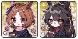  2girls :d animal_ears apple_da-ze bandaid bandaid_on_face black_hair brown_hair buttons chibi cup disposable_cup double-breasted doughnut drinking_straw earrings food hair_ornament holding holding_cup horse_ears horse_girl jewelry long_hair multiple_girls narita_brian_(umamusume) pink_eyes pink_scarf ponytail red_scarf rope sakura_laurel_(umamusume) scarf short_hair smile umamusume upper_body yellow_eyes 