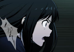  1girl black_background black_hair blue_eyes commentary_request from_side highres inoue_takina kusaba_eru_(happy_crystal) long_hair lycoris_recoil motion_lines open_mouth portrait solo speed_lines surprised 