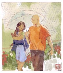  1boy 1girl aang artist_name avatar_aang:_the_last_airbender avatar_legends bag bald black_pants blue_jacket blue_shorts border braid bread casual closed_eyes closed_mouth couple cowboy_shot food grocery_bag head_tattoo hetero highres holding holding_bag holding_umbrella jacket katara loaf_of_bread long_hair looking_at_another nikaardart orange_shirt pants parted_bangs parted_lips shared_umbrella shirt shopping_bag shorts shoulder_bag single_braid smile t-shirt umbrella walking white_bag white_border 