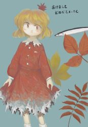  aki_shizuha autumn_leaves blonde_hair blue_background commentary_request dress feet_out_of_frame fish hair_ornament highres holding_own_skirt leaf leaf_hair_ornament light_blush long_sleeves looking_at_viewer no_lineart red_dress serious short_hair simple_background socks touhou white_socks white_wrist_cuffs wrist_cuffs yamame_jinja yellow_eyes 