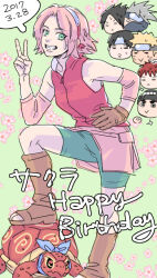  1girl 6+boys :> :< =_= asymmetrical_footwear bike_shorts bike_shorts_under_skirt black_hair black_headband blonde_hair boots brown_boots brown_gloves chibi chibi_inset commentary_request dated forehead_protector gaara_(naruto) gloves green_shirt grey_hair hairband hand_on_own_hip happy_birthday haruno_sakura hatake_kakashi headband mask miniskirt mouth_mask multiple_boys naruto_(series) naruto_shippuuden okamine_yuiko open-toe_boots red_hair red_hairband rock_lee sai_(naruto) shirt single_glove skirt thick_eyebrows tortoise turtle uchiha_sasuke uneven_footwear uzumaki_naruto 