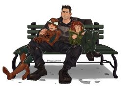  1girl 2boys anondrawsfanart black_boots boots breasts frank_castle highres jean_grey marvel multiple_boys peter_parker red_hair saliva shadow simple_background sitting sleeping small_breasts spider-man spider-man:_brand_new_day spider-man_(series) superhero_costume the_punisher_(character) 